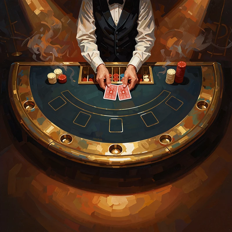 Zielony st&oacute;ł do blackjacka widziany z g&oacute;ry, krupier w czarnej kamizelce rozdaje dwie karty rewersem do g&oacute;ry