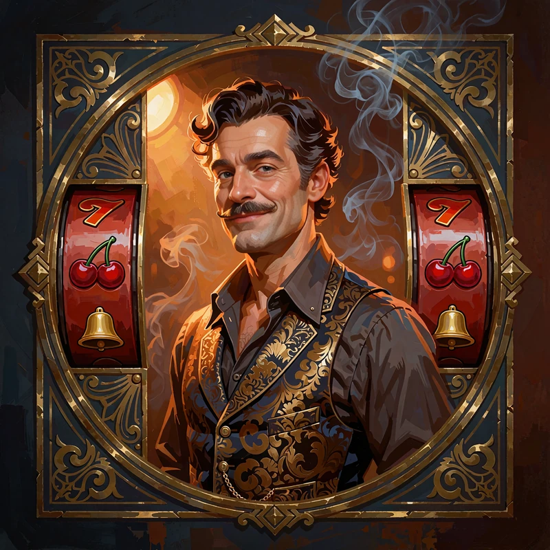Ilustracja eleganckiego hazardzisty w brokatowej kamizelce na tle czerwonych bębn&oacute;w slotu z wisienkami
